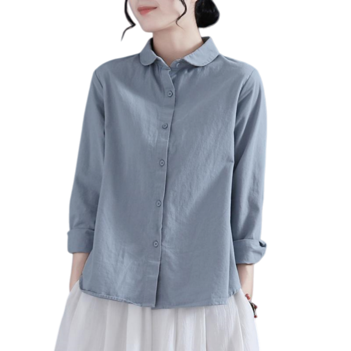 Makone 여성 봄 가을 솔리드 순면 블라우스 캐주얼 심플 셔츠