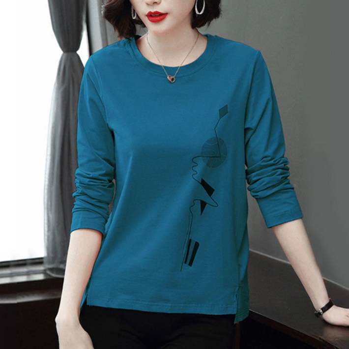 에르모소 여성 루즈핏 도형 프린팅 긴팔티셔츠 간절기 사계절 HC033