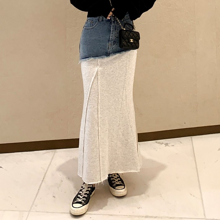 머메이드 슬림 데님 배색 롱스커트