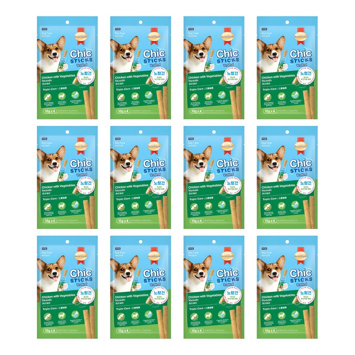 스마트하트 칙스틱 강아지 노령견 소프트 져키 간식 4p, 혼합맛닭고기야채, 60g, 12개