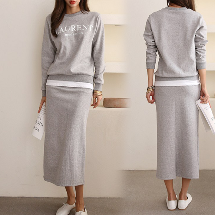 NewCare 여성 스커트 투피스 세트 이너 레이어드 맨투맨 뒷트임 h라인 치마 트레이닝복