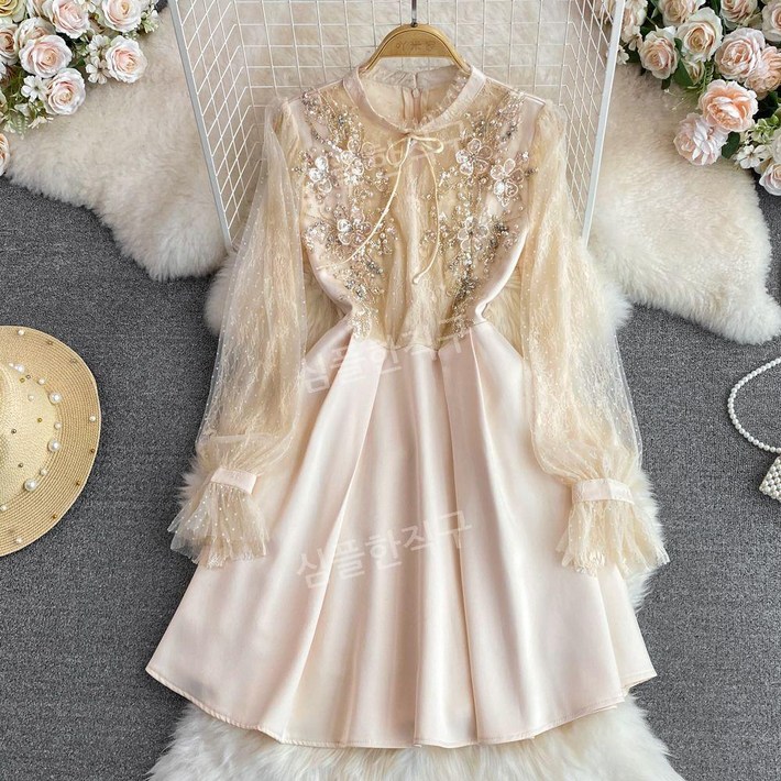 아이유큐빅원피스 레이스 프릴 스팽글 큐빅 보석 셔링원피스 장만월 복고풍 여성 패션 키작녀