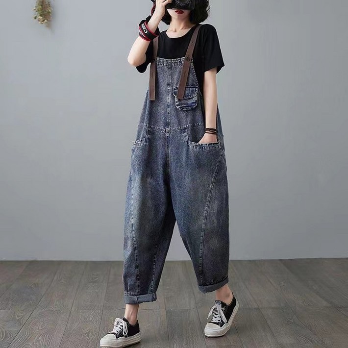 여성 데님 멜빵바지 헐렁한 청바지 긴바지 통바지