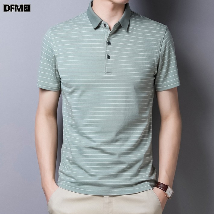 DFMEI 카라 반팔 티셔츠 남자 순면 스트라이프