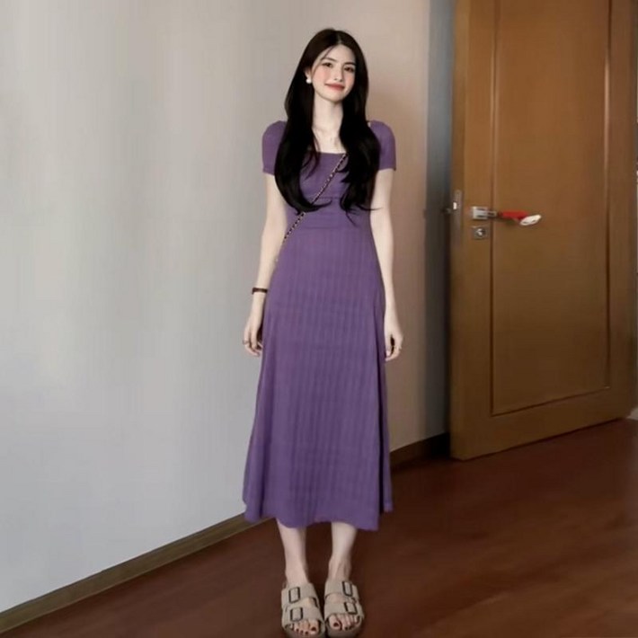 해피유통 여성 여름 면 라운드넥 반팔 심플 A라인 롱 원피스bsq