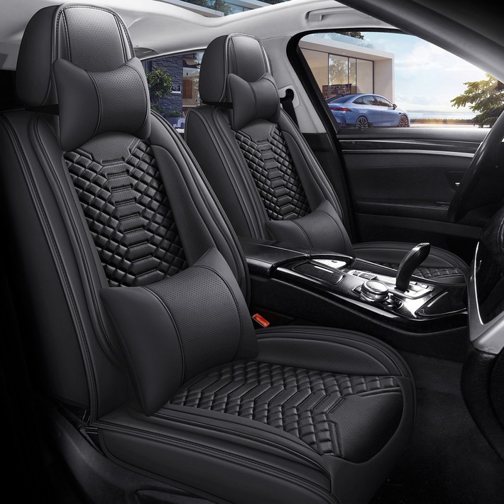 고급 나파 가죽 3D 시트 커버 앞좌석 1P, 사계절 공용, 허리받침대 포함 목베개, 1개, 퓨어 블랙