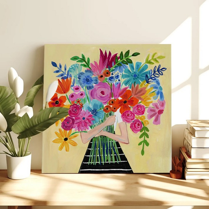 컬러풀 플로럴 모먼트 꽃그림 일러스트 카페 인테리어 플랜테리어 그림액자 14종 0107 거실 현관액자 아이방 집들이선물, 01.꽃다발 옐로우