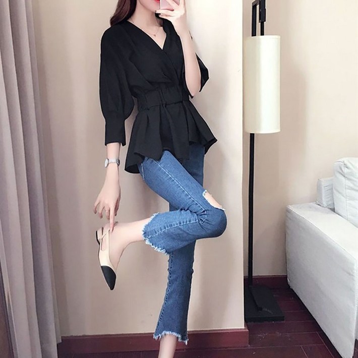 VVRR 여성 V넥 허리 조임 프릴 디테일 중간 길이 쉬폰 블라우스 A0041018
