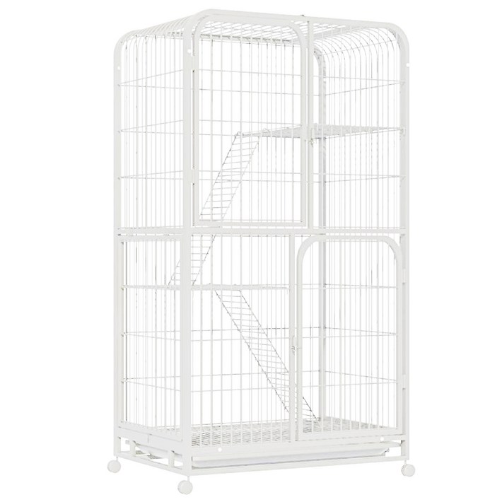 리빙가감법 반려동물 고품질 조립식 4단 고양이 케이지 튼튼한 메탈 간편이동 잠금 가능한 바퀴가 있는 탈출 방지 고양이 철장 이동식 고양이 대형 케이지, 1개, 화이트