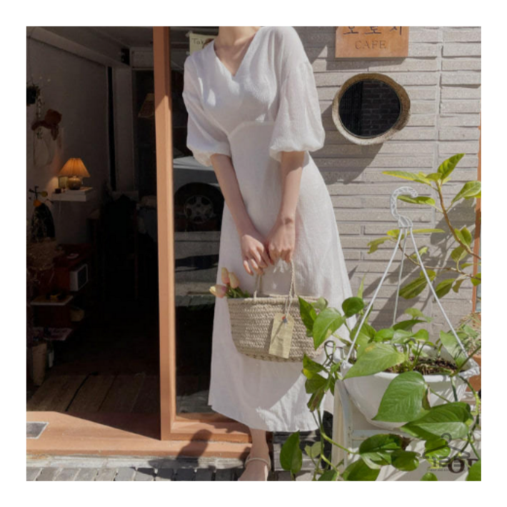 바이일이오 여성 브이넥 링클 플리츠 퍼프 벌룬 허리 스트랩 여름 롱 원피스