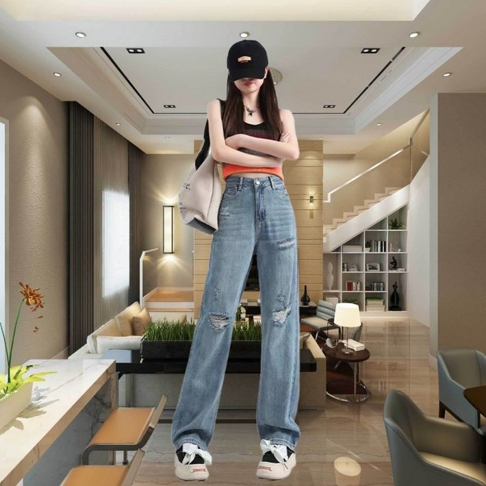 여성 찢청 일자 찢어진 청바지