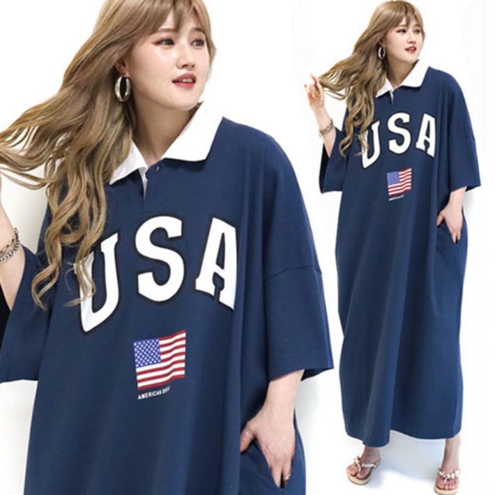 현이네  USA 카라 반팔롱 원피스 55120 까지착용  5 컬러  6XL