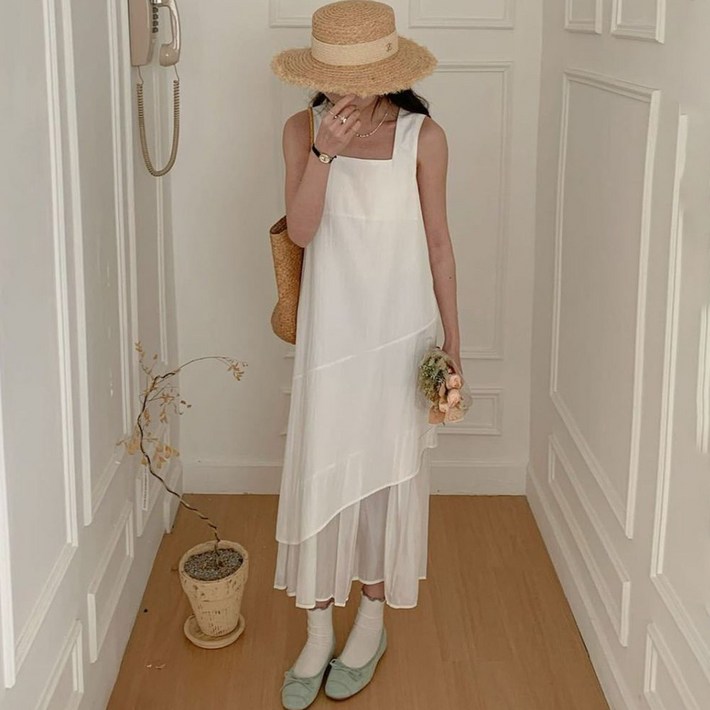 ROYALBELLE 여성 스퀘어넥 민소매 원피스 이중 쉬폰 롱 루즈핏 레이어드 나시 원피스 E0052610