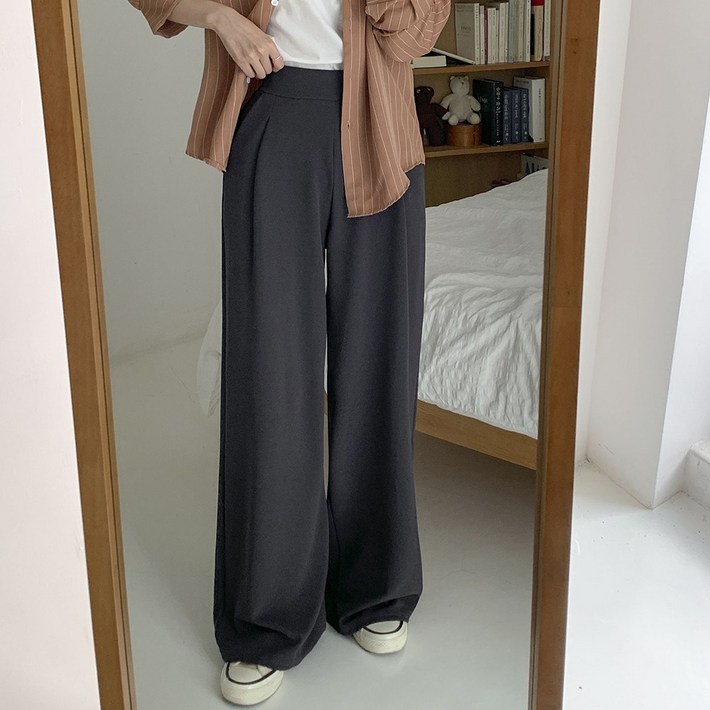 큐니티 여성용 데일리 숏롱 2단기장 스판 핀턱 통밴딩 일자 와이드 슬랙스 팬츠 키작녀 키큰녀 빅사이즈 바지