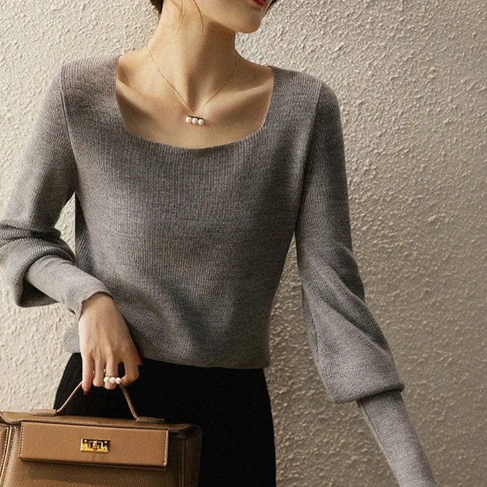 여성 스퀘어넥 니트 긴팔티 퍼프소매 이너 레이어드 슬림핏 스웨터 프렌치 봄 가을 니트티