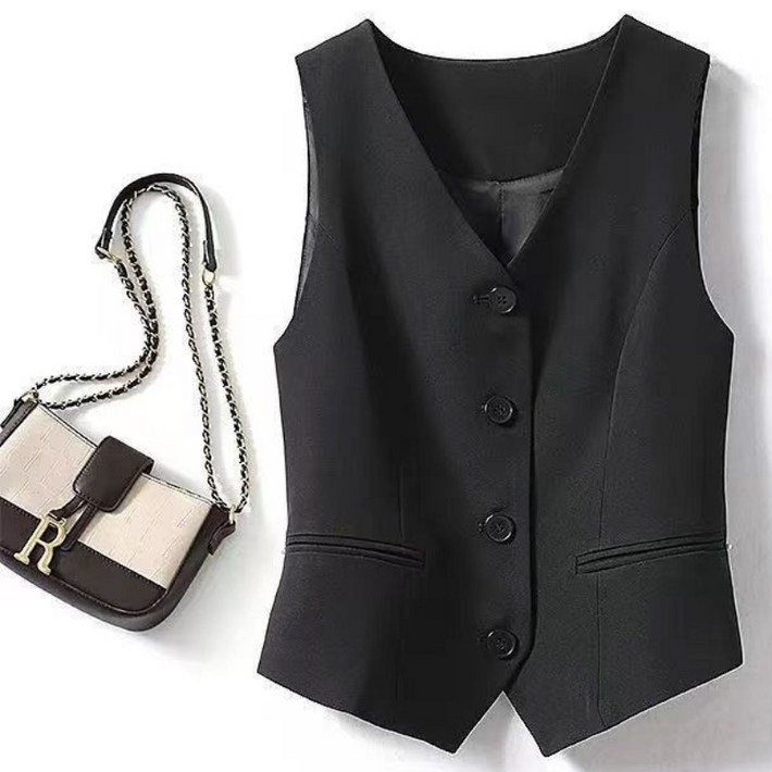 여성 정장조끼 슬림핏 숏조끼 베스트 아우터 2컬러 심플 무지 민소매 코트 빅사이즈 쇼트핏 베이직 노카라 고급  오피스룩 결혼식 하객룩