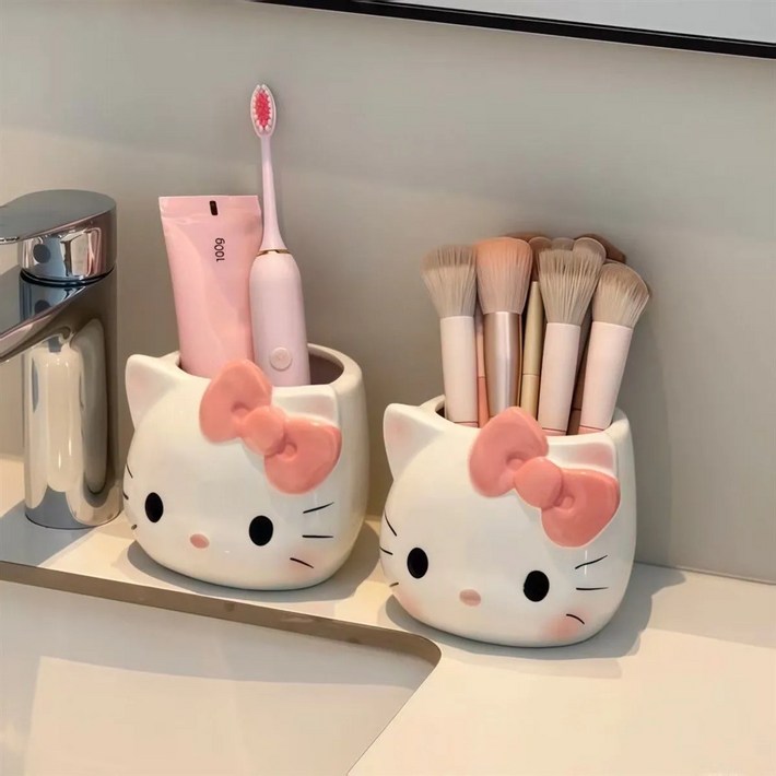 헬로키티 세라믹 칫솔꽂이 다용도 수납함 화장품 브러시 정리, 화장품 펜 홀더