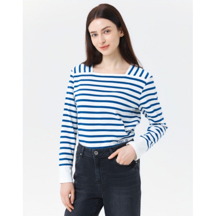 헤지스 여성 HSTS4B203B3 50블루 스트라이프 스퀘어넥 긴팔 티셔츠 1532280