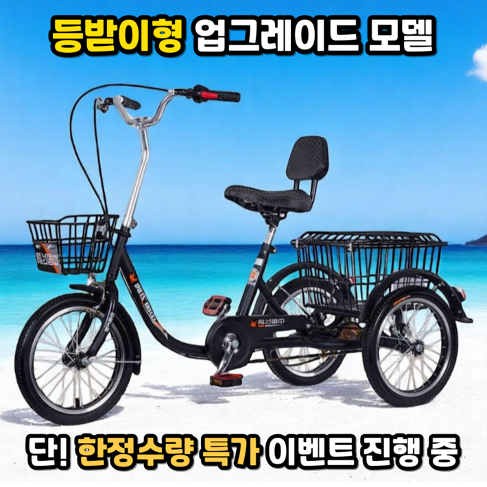 플로홈 프리미엄 성인용 등받이형 세발자전거, 1개, 150cm, 블랙