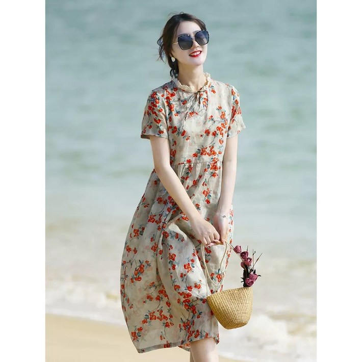 COSYEVNO   여성 여름 면마 원피스 빈티지 프랑스풍 고급스러운 프린트 플라워 롱 스커트