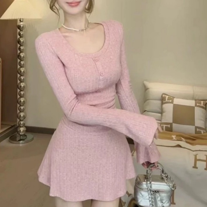 COSYEVNO 여성 원피스 가을 라운드 우아하고 세련된 루즈핏 캐주얼 긴팔 스커트 CXJqz28