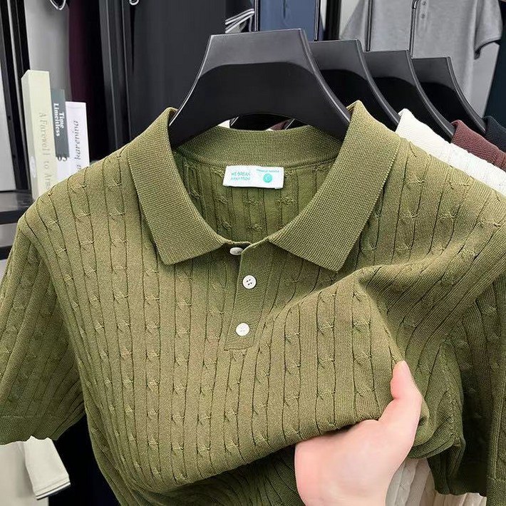 남성 세련된 봄 여름 과배기 반팔 니트 카라 티셔츠