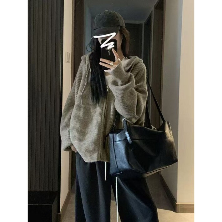 부드러운 니트 후드 맨투맨 심플한 지퍼 가디건 아우터