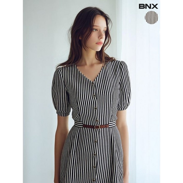 BNX 여성 브이넥 스트라이프 반팔 벨트 원피스 BNX 여성 브이넥 스트라이프 반팔 벨트 원피스