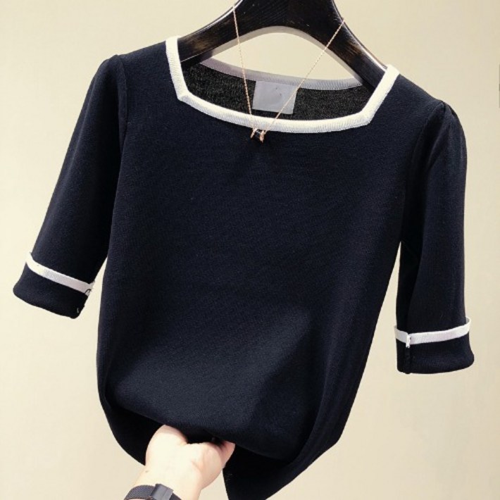 여성용 슬림 슬리브 스퀘어 넥 니트 탑