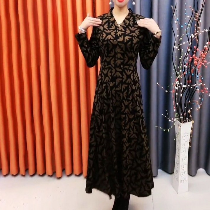 TKX 가을 겨울 여성 긴팔 벨벳 롱 원피스 우아한 드레스 패턴 캐주얼 해외여행