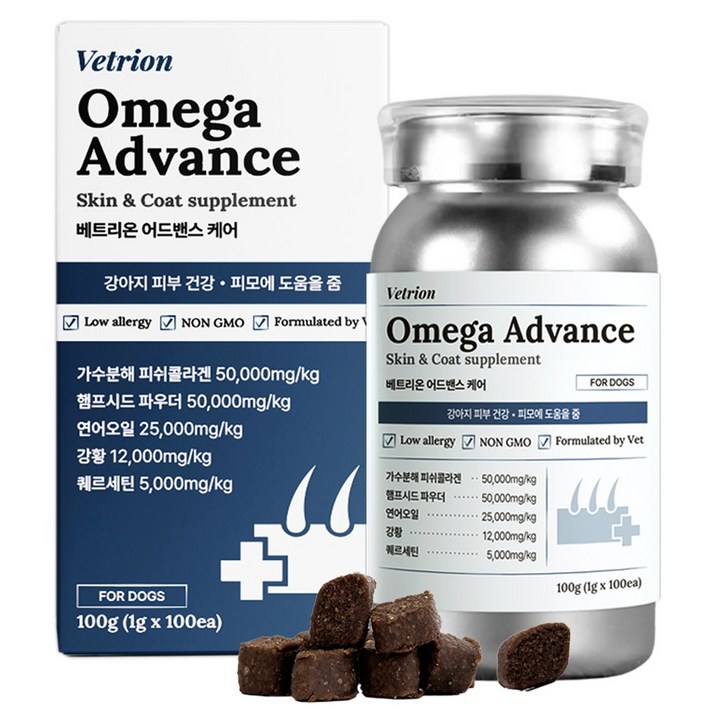 베트리온 오메가3 어드밴스 강아지 피부 영양제 가려움증 알러지 습진 아토피, 1개, 피부피모, 100정