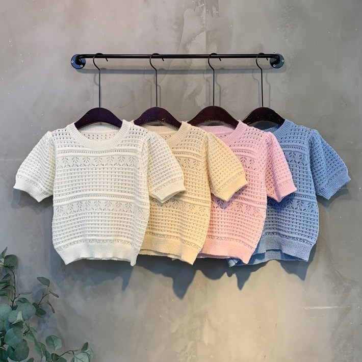 신상,무료배송노라 퍼프 펀칭 크롭 반팔 니트 4color C