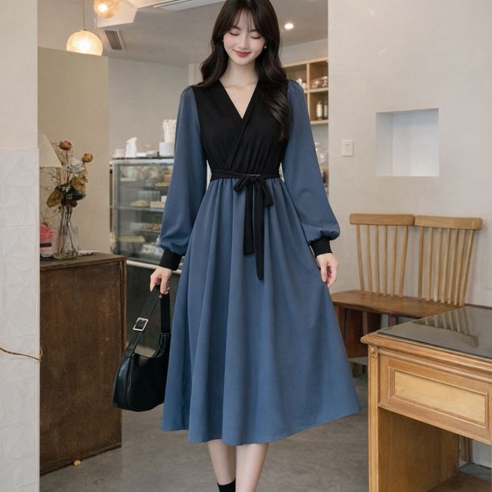 여성 빅사이즈 캐주얼 패션 데일리 브이넥카라 롱원피스 긴팔 봄 가을