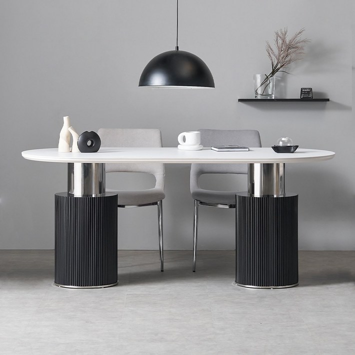 알테라 세라믹테이블 타원형 템바보드 거실식탁 화이트 블랙, 화이트블랙