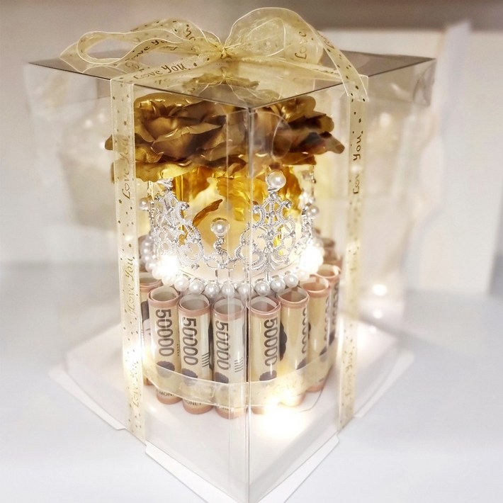 용돈박스 비누꽃 생신 생일 용돈 이벤트 왕관돈케이크 전용쇼핑백 페이크머니 LED전구