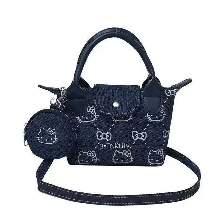 Hello Kitty 헬로키티 여성용 데님 크로스 바디 숄더백 미니지갑 키링 포함