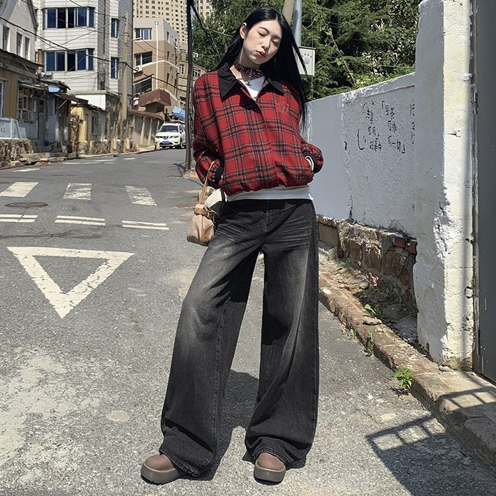 SAHINER 봄가을 여성 캐주얼 하이웨이스트 와이드 루즈핏 데님팬츠 LJANZ68