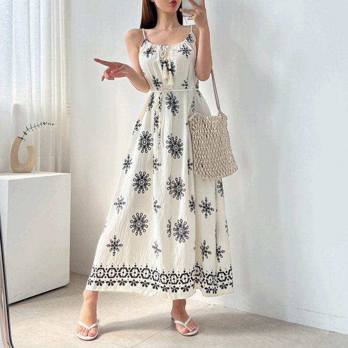 당일출고 허리끈 88 에스닉 페이즐리 테슬 바캉스 휴양지 끈 나시 맥시 롱 원피스 3color