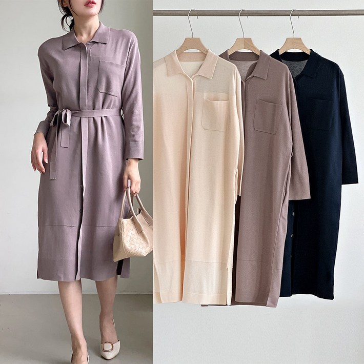 니트코어 여성 봄 가을 겨울 간절기 부드러운 편안한 루즈핏 카라넥 셔츠 벨트 긴팔 니트 원피스 하객룩 하객원피스 등하원룩