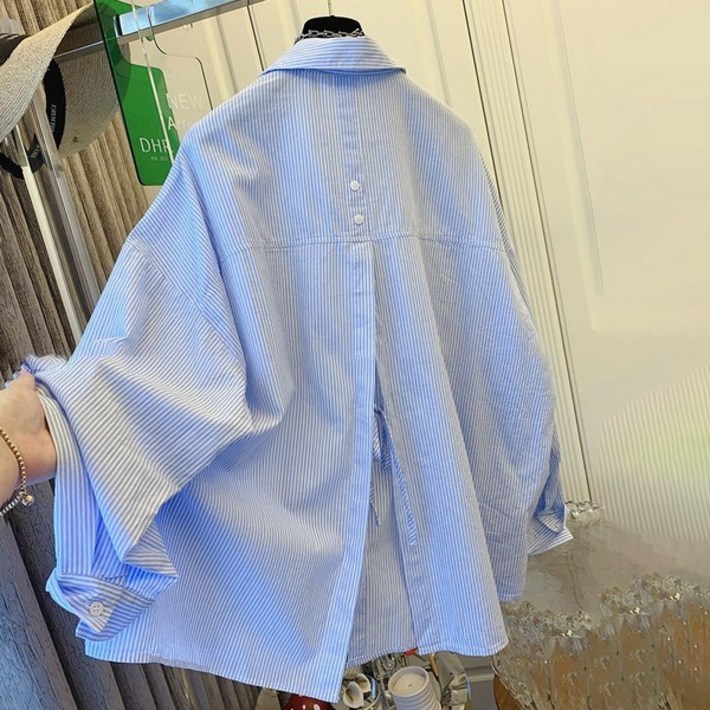 Asure 여성 스트라이프 셔츠 춘추 롱슬리브 오버핏 셔츠 데일리룩