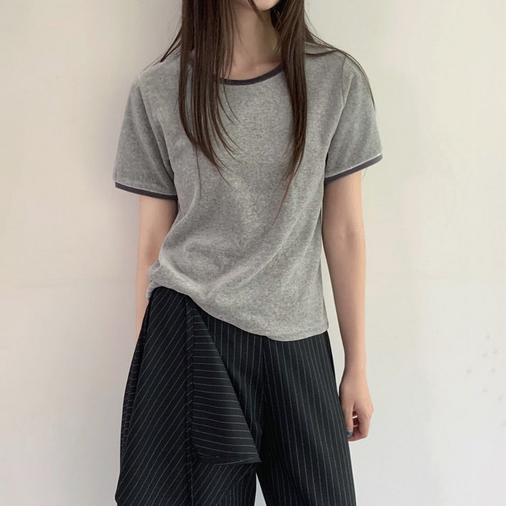 배색 링거 반팔티 벨벳 벨로아 도톰 티셔츠