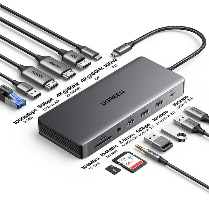UGREEN 유그린 13in1 USB C타입 멀티 허브 4K 60Hz 트리플 디스플레이 2xHDMI 1xDP 도킹 스테이션 USB3.2 10Gbps USB허브 HDMI 어댑터, 1개