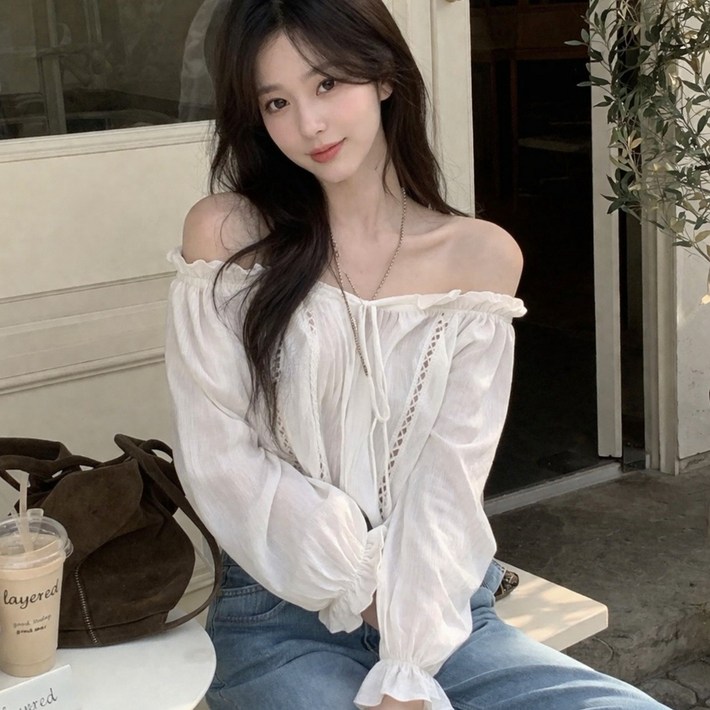 J2 STYLE 오프숄더 레이스 루즈핏 블라우스