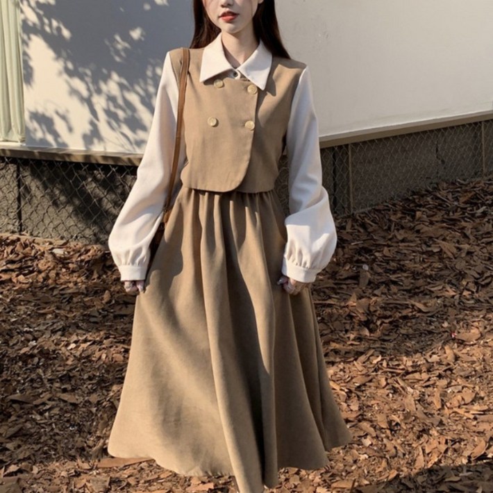 비아이와이 여성 봄 가을 오피스 캐주얼 긴팔 레이어드 원피스  D31