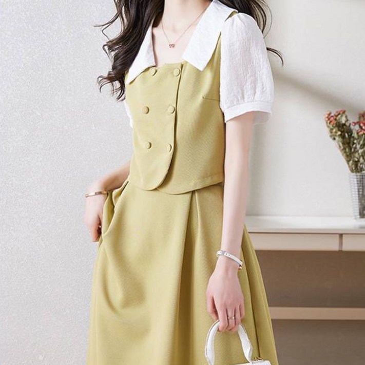 페이퍼먼츠 배색 카라넥 더블 버튼 반팔 자켓  미디 스커트 세트 05053