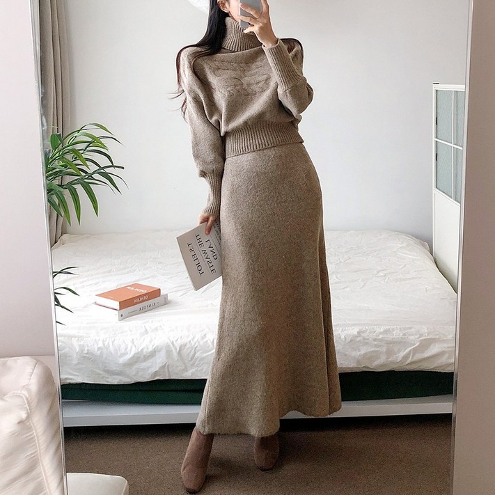 요시아나 당일발송 이렌느 꽈배기 가오리 니트 롱스커트 넥워머 쓰리피스 2컬러
