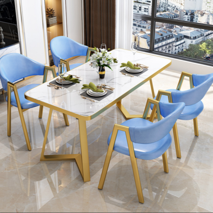 TENEW 로멘틱 2인용 신혼부부 식탁 테이블 세트 원목 의자 원형 카페 둥근모서리, 렉텡글테이블-1200x600/모던4체어-라이트블루 - 투데이밈