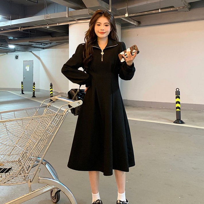 Skyciky 가을겨울 빅사이즈 여성 세련된 허리밴딩 슬림핏 기모 두꺼운 긴팔 고급 원피스 HH1567