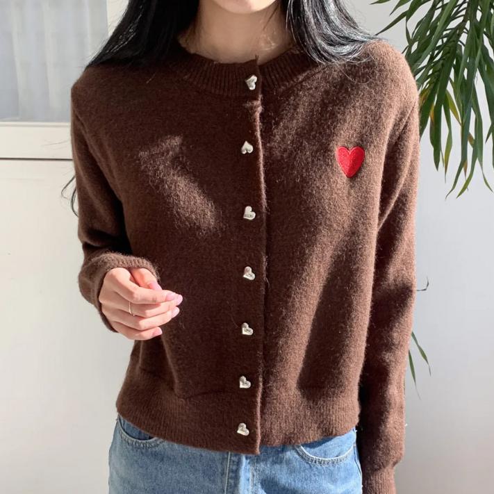 드라엘 여성 니트 가디건 라운드넥 하트단추
