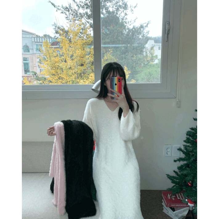 브이넥 앙고라 롱  원피스 4col